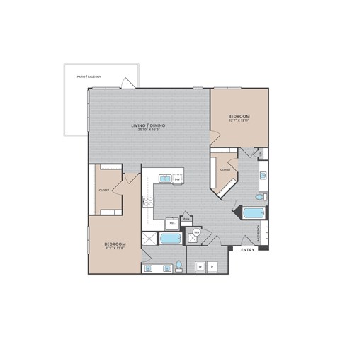 Floor plan for 2 beds, 2 baths, 1501 sqft